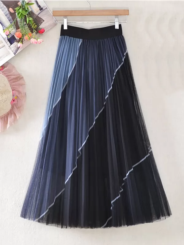 Qooth plissé couleur match maille jupe printemps mi-longueur taille haute tout match jupe taille élastique grande balançoire doublure jupe QT700