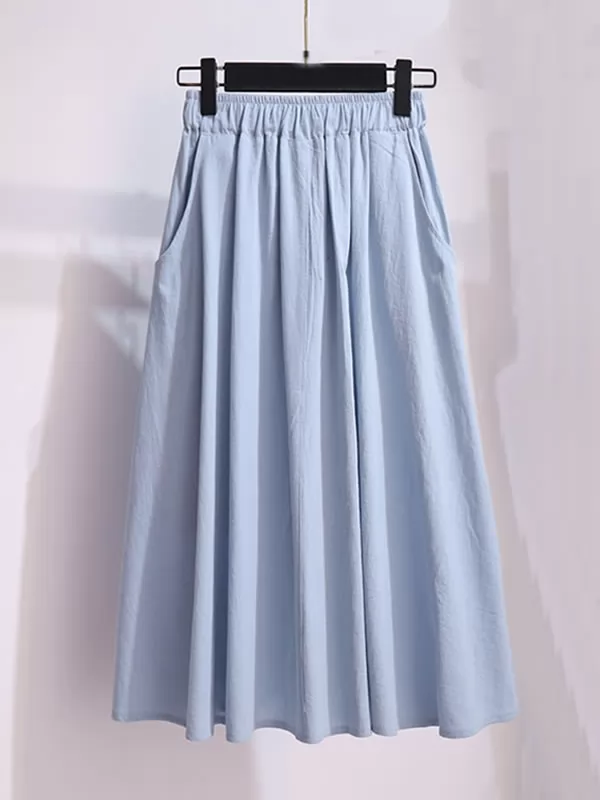 Qooth coton uni taille élastique une ligne jupe d'été pour femmes avec poches