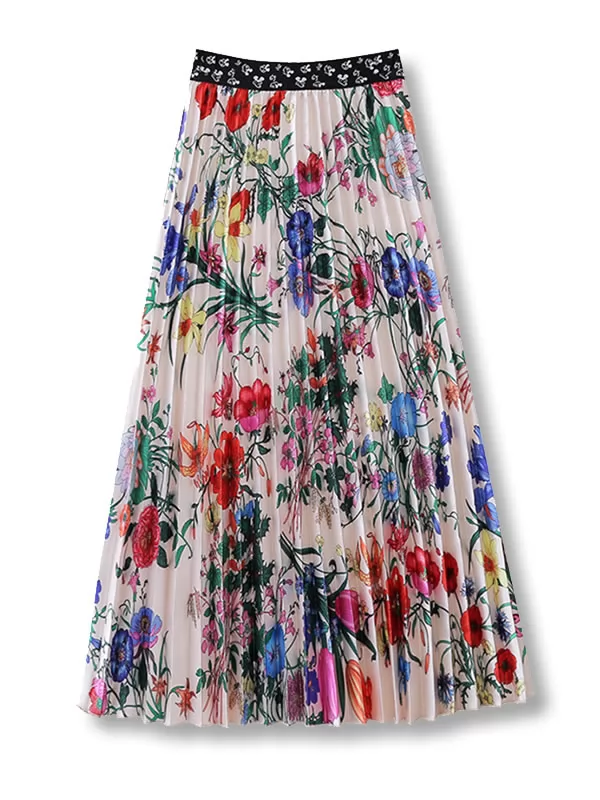 Qooth imprimé floral femmes Viscoe Grand balayage taille élastique à mi-longueur Jupes plissées
