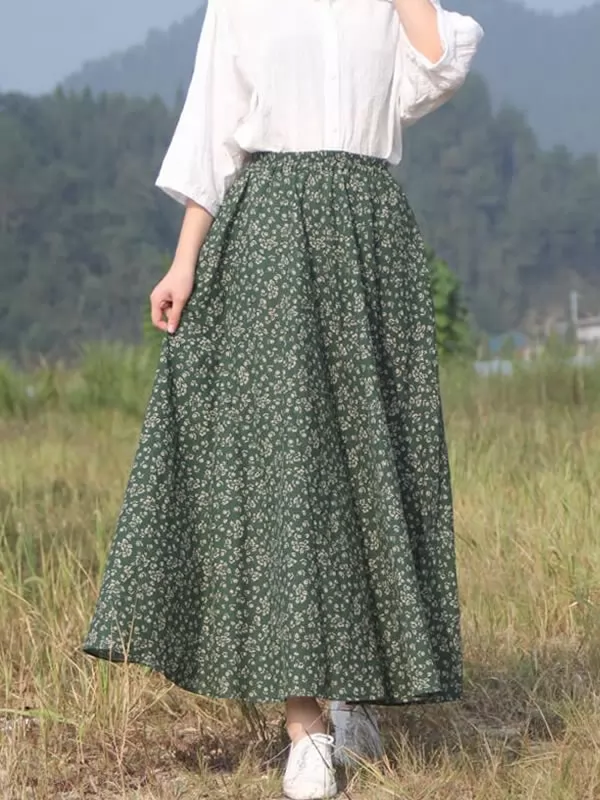 Qooth été automne femmes imprimé floral une ligne jupes décontractées vintage