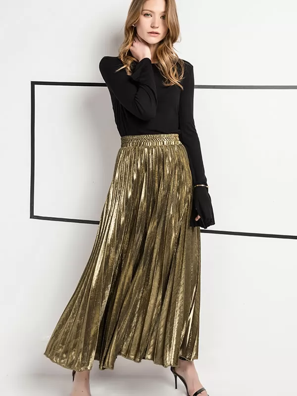 Qooth printemps jupe femmes taille élastique jupe rétro lustre élégant métallique jupe plissée une ligne Maxi jupes longues QH1758