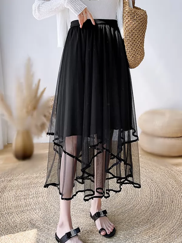 New Style Summer Autumn Irregular Beaded Mesh Skirt Mid-length Tulle Skirt QT1649