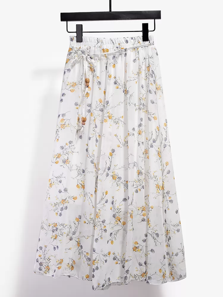 Summer Sweet Floral Print Chiffon Skirt Women Elegant Bow Tie Mid Length A Line Skirts QT1662