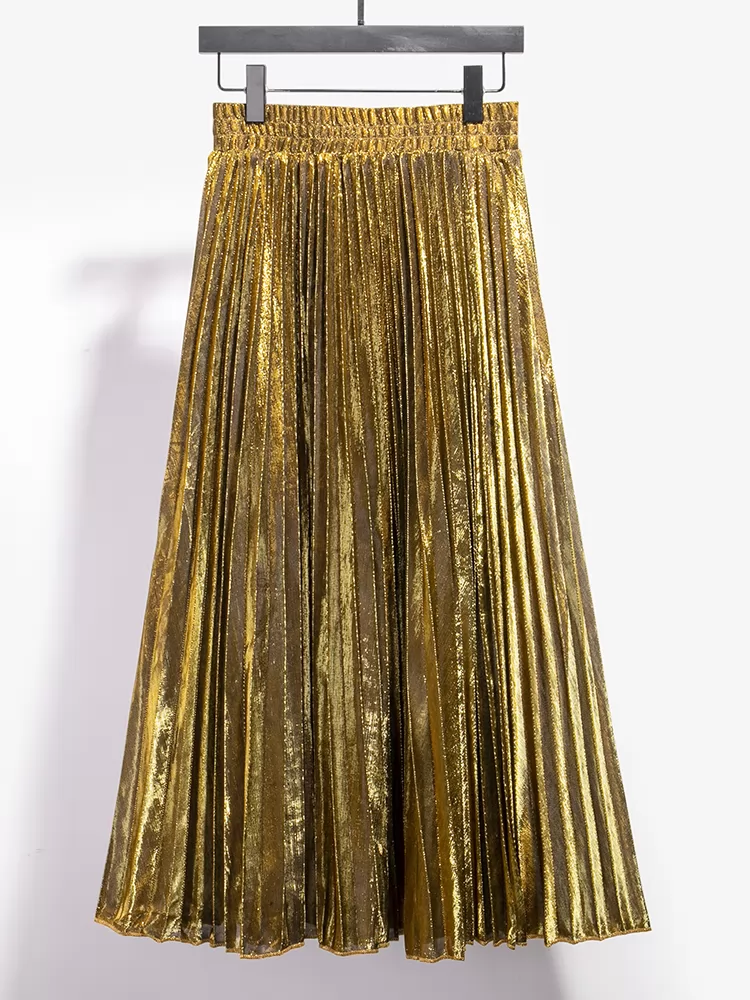 Qooth printemps jupe femmes taille élastique jupe rétro lustre élégant métallique jupe plissée une ligne Maxi jupes longues QH1758