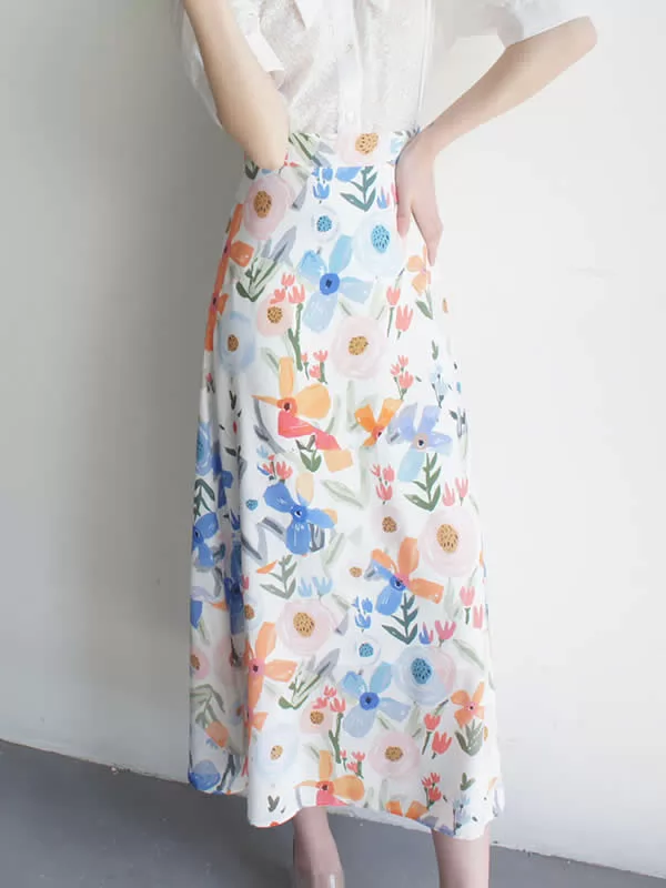 Summer Autumn Floarl Printed High Waist A Line Skirts Women Elegant Midi Flower Skirt QT1744